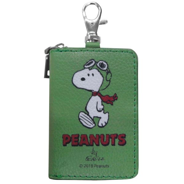 Meibo Snoopy Y487 Snoopy Key Case, Smart Key Compatible, Round Zipper, Carabiner, Hook, Key Holder, Women's, Popular, Character, Green