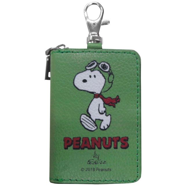 Meibo Snoopy Y487 Snoopy Key Case, Smart Key Compatible, Round Zipper, Carabiner, Hook, Key Holder, Women's, Popular, Character, Green