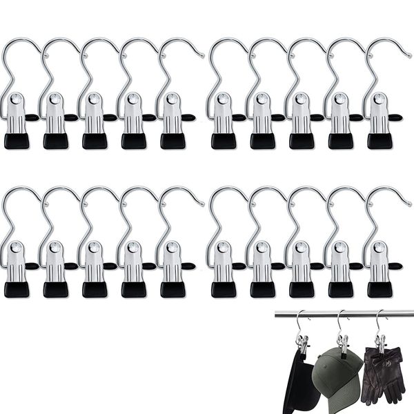 20 Stück Metall Klammerhaken, Wäsche Haken Boot Clips, Drehbarer Stiefelklammern Hosenbügel, rutschfest Kleiderbügel Clip für Stücher, Schals, Mützen,Socken,Spielzeug