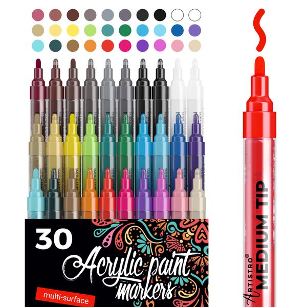 Acrylstifte - 30 Acryl Marker Medium Spitze (2mm) - Acryl Stifte zum Bemalen von Steinen, Fels, Holz, Stoff, Karte, Papier, Keramik & Glas - 28 Farben + Extra Schwarz & Weiß Acrylic Paint Marker Set
