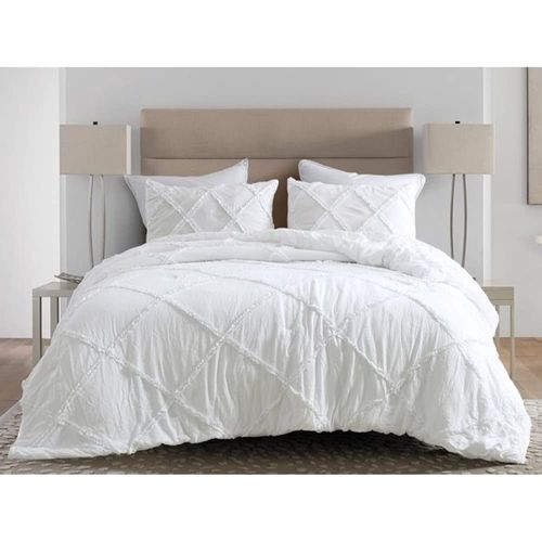 Stylish 3-Piece Full Size All Season Lightweight Comforter | Sophisticated and Luxurious | Beautiful Diamond Ruffle Quilted Trim Patterns | Extra Soft Plush Cozy Comfy & Elegant Bright White Bedding