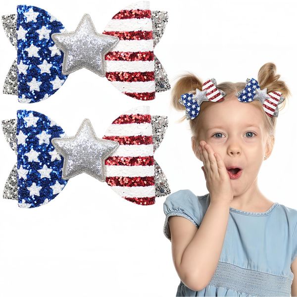 Vsdski 2pcs 4th of July Bow Hair Clips Independence Day Hair Accessories for Girls USA Flag Hair Bow Barrettes Glitter Silver Star Hair Bows Clips Alligator Clip Patriotic Holiday Party Outfit Decor