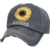 Funky Junque Womens Baseball Cap Distressed Vintage Unconstructed Embroidered Patch Hat (Blessed w/Sunflower - Black)