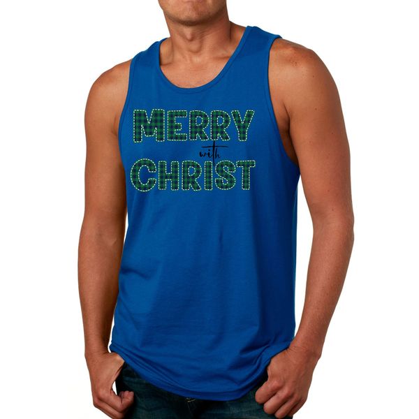 Mens Fitness Tank Top Graphic T-shirt Merry with Christ, Green Plaid - Royal Blue / XL