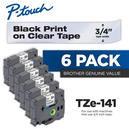 Brother Genuine P-touch 6-Pack TZe-141 Laminated Tape, Black Print on Clear Standard Adhesive Laminated Tape for P-touch Label Makers, Each Roll is 0.7"/18mm (~ 3/4") Wide, 26.2 ft. (8M) Long