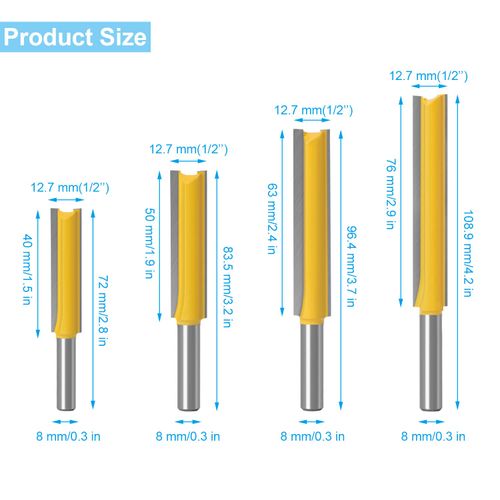 HWTONG Pack of 4 Extra Long Flush Cutters for Wood, Straight Cut, Carbide, 8 mm Shank, 76 mm Cutting Length, 109 mm Total Length