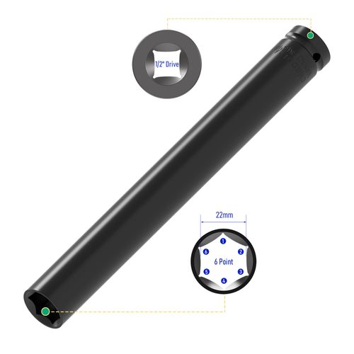 FOCMKEAS 1/2 Inch Drive by 22mm Deep Impact Socket, Heat-Treated CR-V Steel 12 Inch Length, 6-Point Metric Sizes