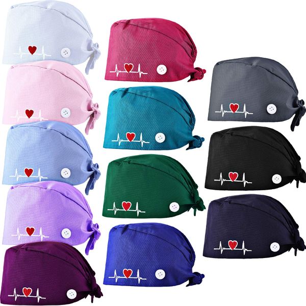 12 Pieces Bouffant Nursing Scrub Surgical Cap Adjustable Button Hats Sweatband Gourd Shaped Hats for Women Men, 12 Colors Multicoloured