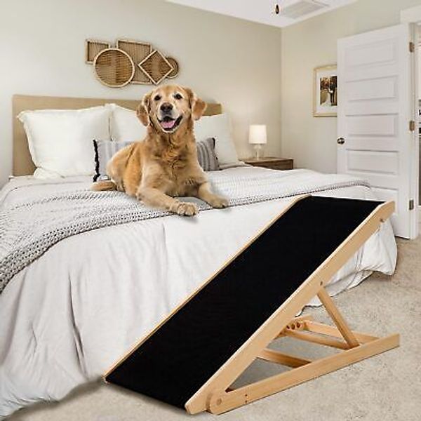 Dog Ramp, 5 Level Adjustable Wooden Folding Pet Ramp for Middle Bed, Couch,SU...