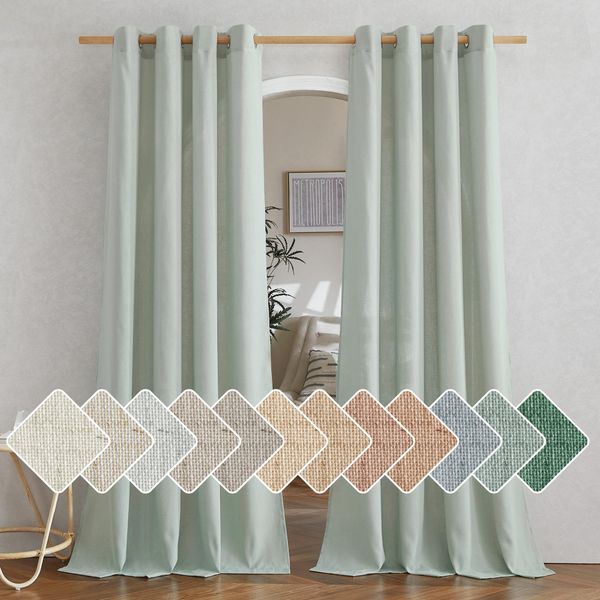 NICETOWN Thick Linen Sage Green Curtains 84 inch Length 2 Panels, Grommet Linen Blend Privacy Added Flax Boho-Chic Light Filtering Window Drapes for Bedroom/Living Room, W55 x L84