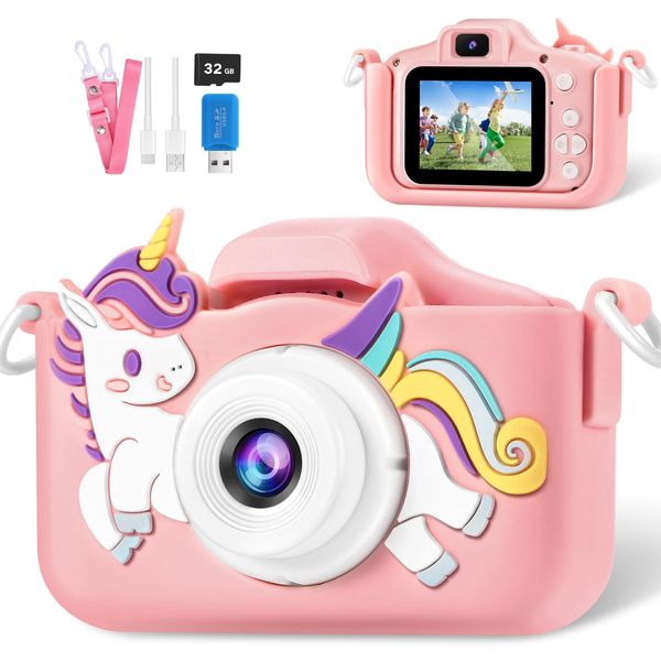 Kids Camera, Christmas Birthday Gifts for Kids, Toddler Camera Toys, 3 4 5 6 7 8 9 Year Old Girl Gifts, Camera for Kids, Multifunctional Digital Camera with Soft Silicone Shell, 32GB Card (Pink)