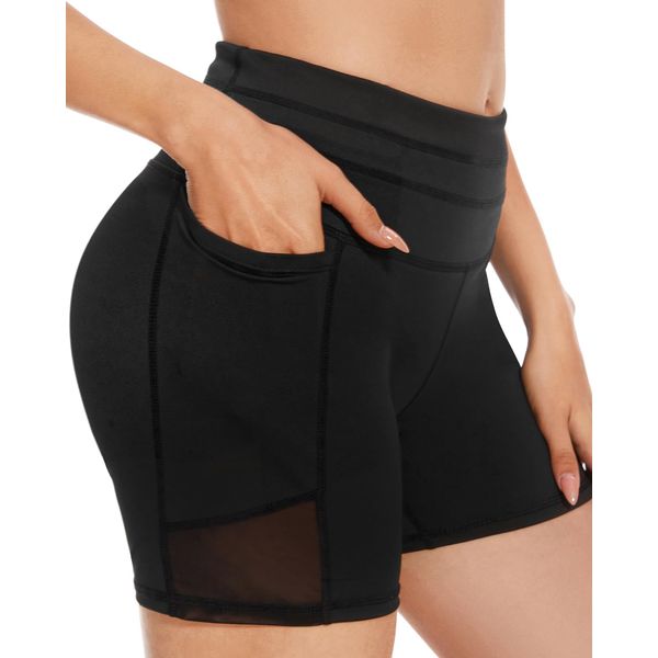 SIMIYA Cycling Shorts Women with Pockets High Waist Tummy Control Mesh Splicing Yoga Gym Shorts for Women Cycle Workout Running Shorts (Black, M)