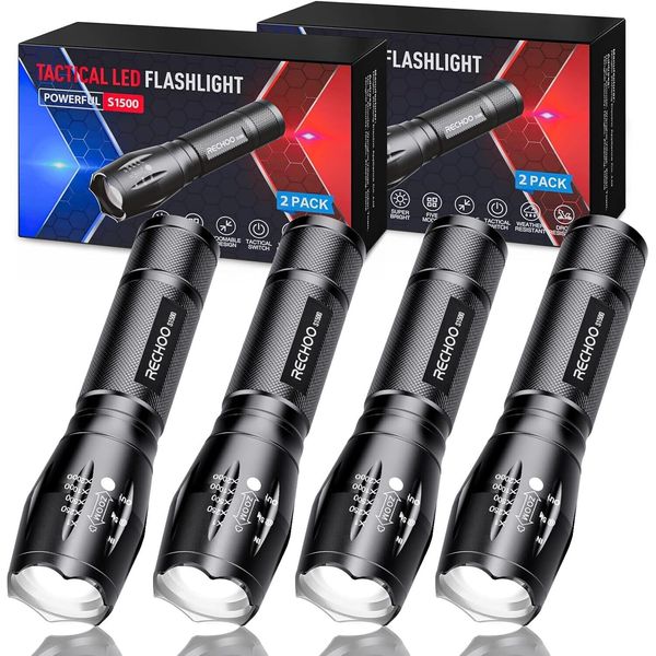 4 Pack Tactical Zoomable LED Flashlights with High Lumens and 5 Modes,Waterpro