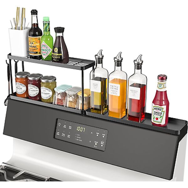 2-Tier Magnetic Spice Rack, 15-30" for Stove with 2 Hooks, Kitchen Organizer