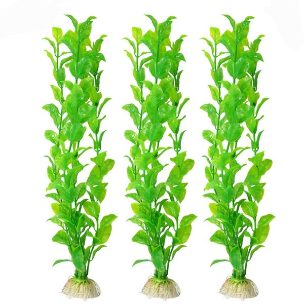 SunGrow Plastic Aquarium Plant Set, Vibrant Green Leaves with Resin Base, 3 Pieces per Pack