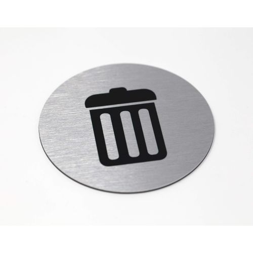 Metal Trash Signs | 3" Garbage Bin Marker | Metal Sign for Waste Basket | Brushed Silver Aluminum Sign with Black Trash Symbol | Ready to Hang | Made in USA