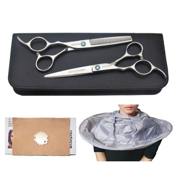 montesoro 6-piece hair cutting scissors, thinning, self-cut, high-quality rust-resistant material (6-inch scissors and 6-inch 20% thinning cap included)