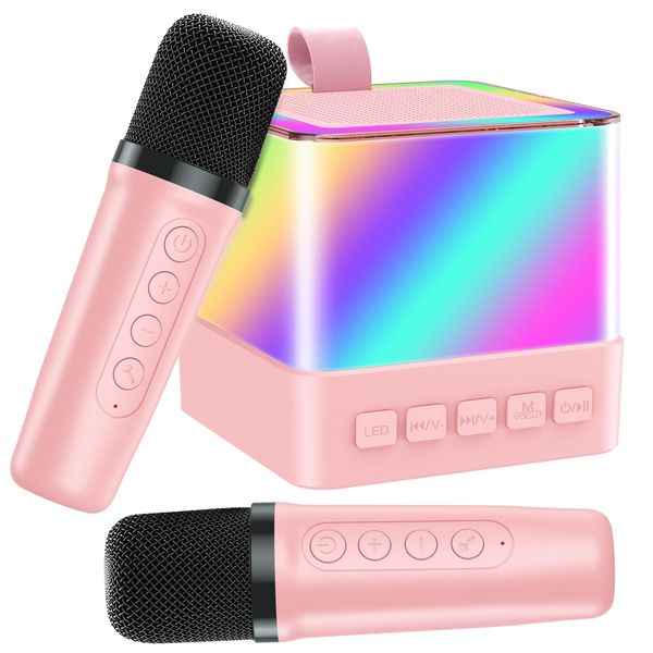 Mini Karaoke Machine with 2 Wireless Mics, Portable Karaoke Microphone for Kids Adults, Bluetooth Singing Speaker with Led Lights, Best Gifts Toys for Girls and Boys, Family Home Party