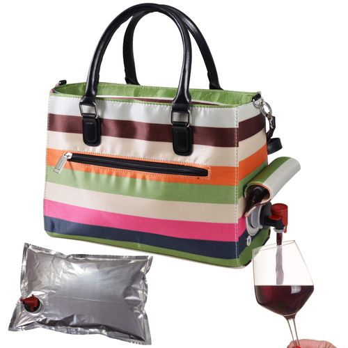 Primeware Insulated Drink Purse w/ 3L Bladder Bag | Thermal Hot and Cold Storage | Portable Drinking Dispenser for Wine, Cocktails, Beer, Alcohol | PU Leather Finish (Stripe)