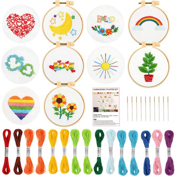 Pllieay 10 PCS Embroidery Beginner Kits for Kids 7-13, Includes Instructions Embroidery Starter Kit with Pattern, Needlepoint Kits for Backpack