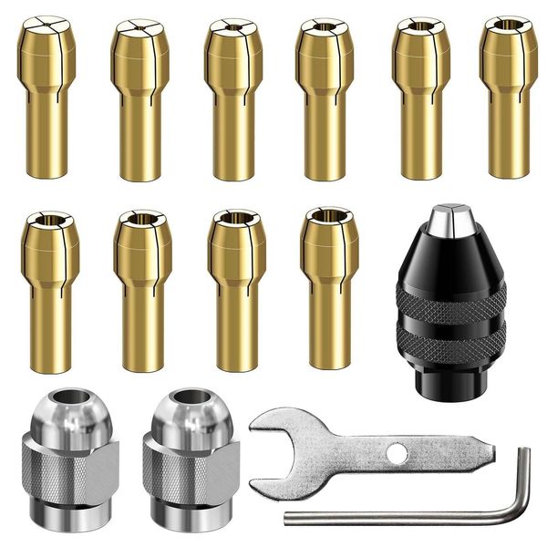 4486 Multi Chuck Set Brass Collet Nut Set, 15Pcs 0.8-3.2mm Small Drill Bit Chuck Collet Set with Durable Alloy Steel Nut, Micro Twist Drill Chucks Adapter for Rotary Tools and Electric Grinder