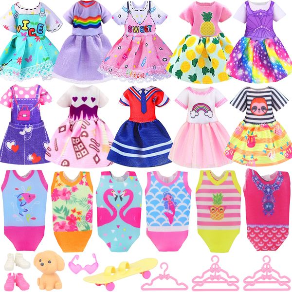 ZITA ELEMENT 16 Pcs 5.3 Inch - 6 Inch Girl Doll Clothes and Accessories - 3 Dresses, 3 Swimsuits, 2 Shoes, 5 Outfits Hangers, 1 Skateboard, 1 Glasses and 1 Toy Dog