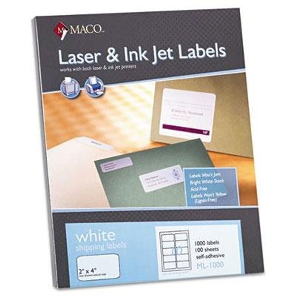 MACO Printable Labels for Shipping - Laser/Ink Jet Compatible Shipping Labels, 10 per Sheet, 2" x 4", Box of 100 Pages/1000 Labels, White