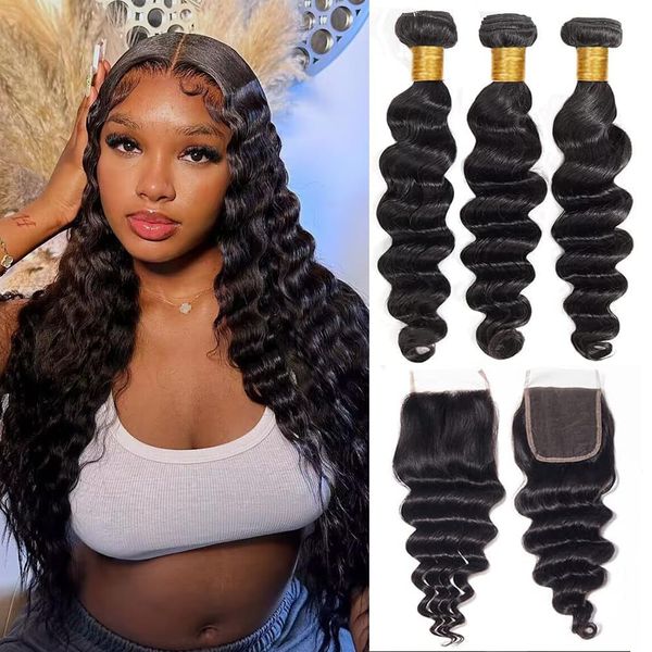 Loose Deep Wave Human Hair Bundles With Closure Loose Wave Human Hair Loose Deep Wave Bundles With Closure Deep Loose Wave Bundles With Closure 3 Bundles and Closure 4X4 Lace Closure and Deep Loose Wave Hair Extension With Closure