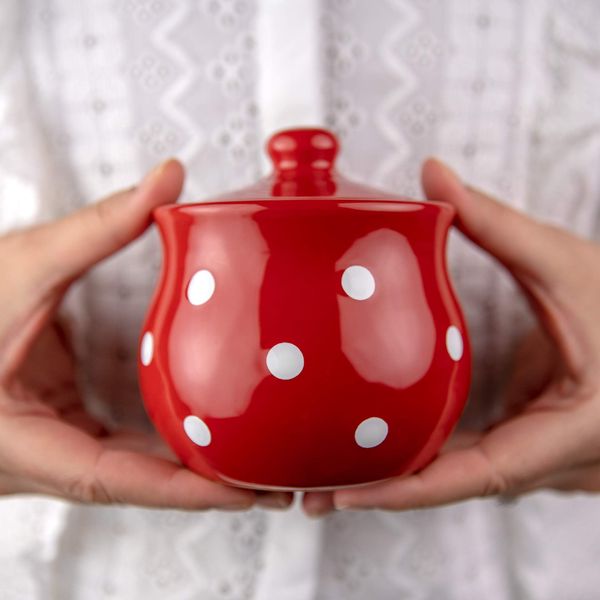 City to Cottage® Red and White Polka Dot Handmade Hand Painted Ceramic Sugar Bowl Pot with Lid | Jam Honey Jar