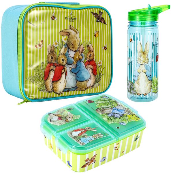 Zawadi Global Peter Rabbit Kids Childrens Lunch Box Set – Insulated Lunch Bag, Multicompartment Lunch Box & 580ml Water Bottle - School Travel Lunch Food Set, BPA Free