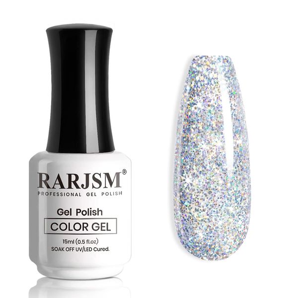 RARJSM Silver Glitter Gel Nail Polish Sparkly Chunky Shimmer Iridescent Glitter Gel Polish Holographic Rainbow Effect Soak off Led UV Curing Required High Pigments Gel for Salom DIY Manicure 15ml