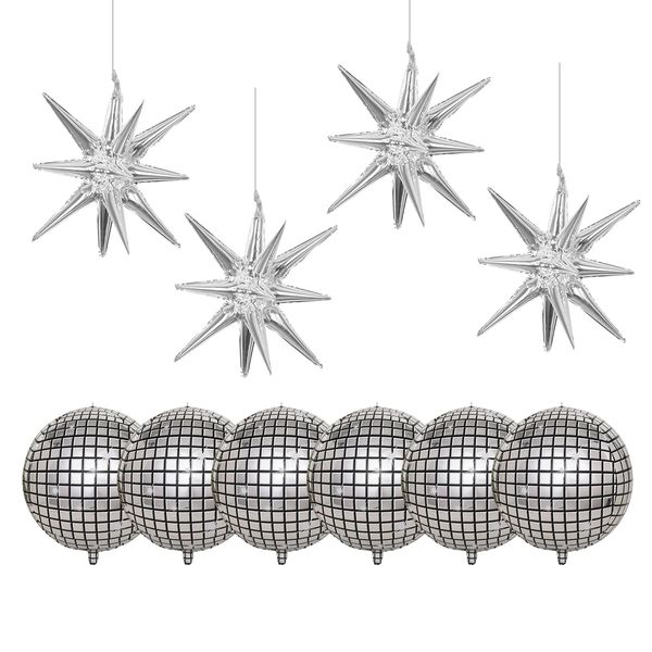 10 Pcs Disco Ball Balloons 6 Pcs Disco Party Balloons 4 Pcs Star Balloons 22 Inches Silver Disco Ball Balloons Metallic 4D Foil Silver Balloons for 70s 80s 90s Disco Party Supplies Decorations