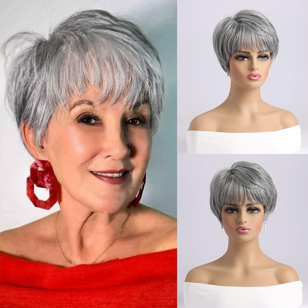 LEOSA Silver Ombre Gray Layered Bob Wigs Pixie Cut wig for Women Short Grey Straight Pixie Cut Wigs Gray Highlight Gray Hair Wigs Shaggy Wig Natural Looking Daily Use