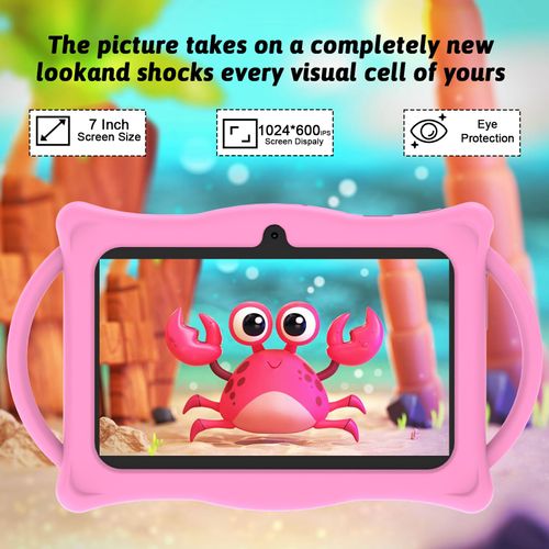 Android 14 Kids Tablet 7 inch Tablets for Kids, 8GB RAM 32GB ROM Quad Core Toddler Tablet with Shockproof Case, Parental Control, WiFi, Bluetooth, 3000mAh Battery, Dual Camera, Educational, Game, Pink
