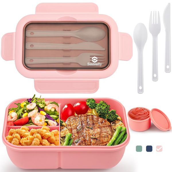 Sinnsally Lunch Box,1250ml Stackable Bento Box for Kids Adults,Packed Food Container with 3 Compartments and Cutlery Set,Layered Lunchbox,Leakproof, Rectangle,Microwave and Dishwasher Safe(Pink)