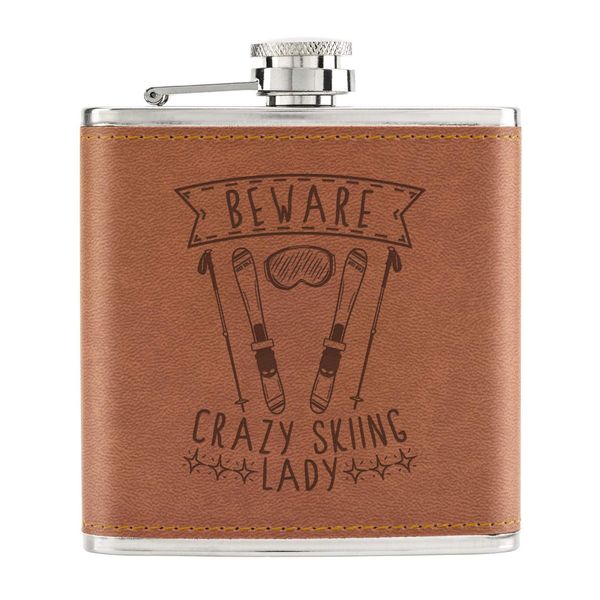 Beware Crazy Skiing Lady 6oz PU Leather Hip Flask Tan