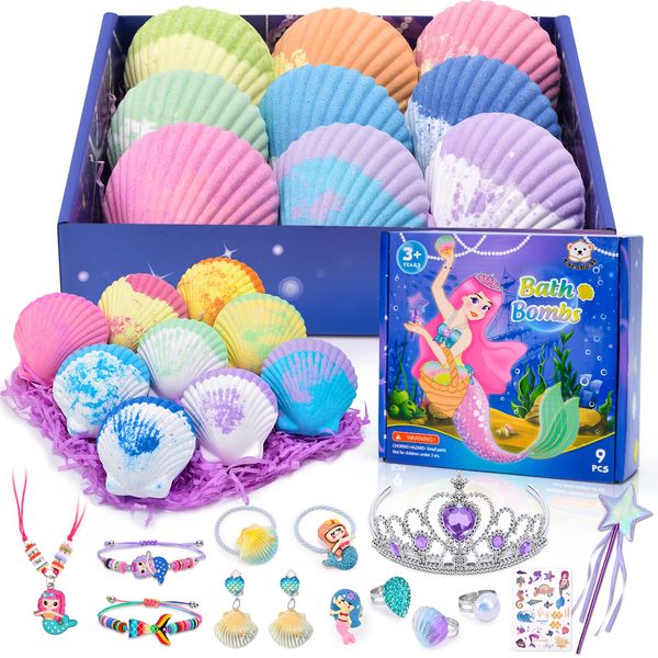 Tacobear Mermaid Bath Bombs for Kids with Surprise Inside 9 Pack Natural Handmade Organic Shell Bath Bombs with Jewelry Set Oversize Little Mermaid Toy Easter Christmas Birthday Mermaid Gifts for Girl