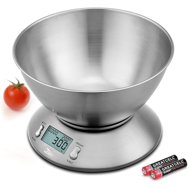 Uten Electronic Kitchen Scales, Digital Kitchen Scale with Detachable Stainless Steel Bowl, LCD Display, Ambient Temperature Sensor, Tare Function, Food Scale for Cooking Baking, 11lb/5kg