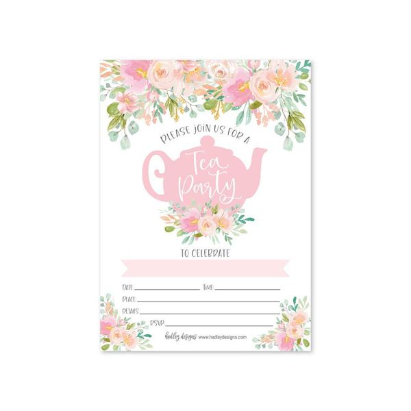 Hadley Designs Floral Princess Tea Party Invitations - 25 Count Pack, Multicolor, For Girls Birthday Parties