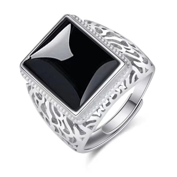 Chereda Mens Black Agate Ring Adjustable Cupronickel Geometric Copper Agate Ring, Copper, Agate