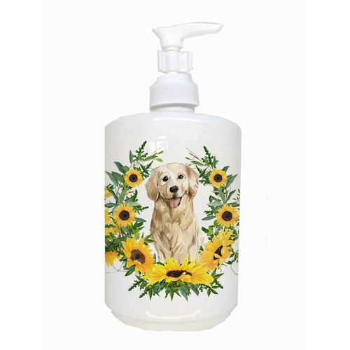 Caroline's Treasures CK2976SOAP Golden Retriever in Sunflowers Ceramic Soap Dispenser Hand Soap Dispenser Pump Bottles for Bathroom Kitchen, Empty Refillable Liquid Soap Container
