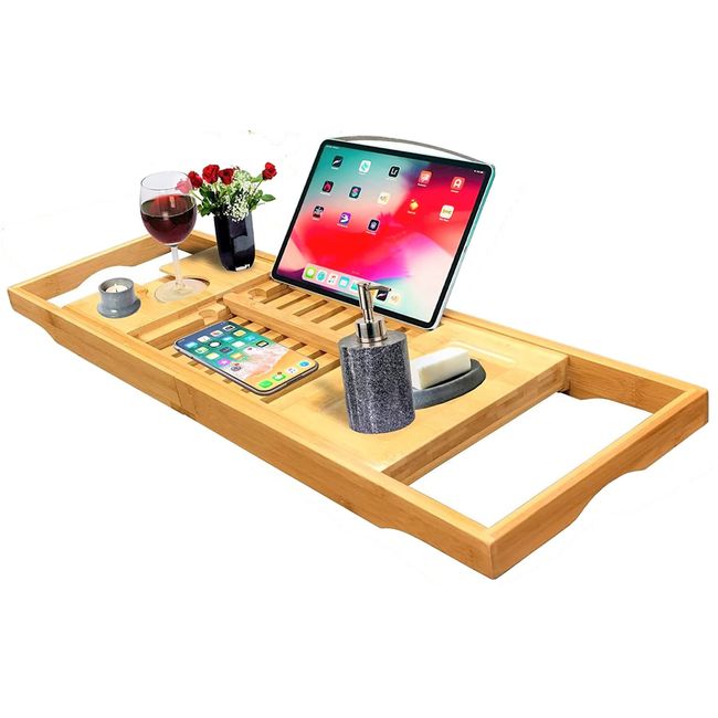 Wooden Bamboo Luxury Bathtub Tray for Your Book, Tablet or Smartphone - Bath Caddy Table with Extending Adjustable Arms for Tub - Wide and Adjustable with Wine Holder on Side