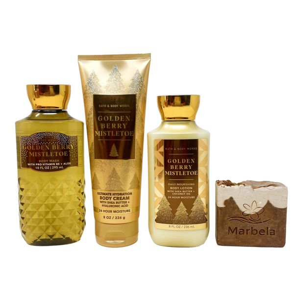 Bath & Body Works Golden Berry Mistletoe - Trio Gift Set - Body Cream, Body Wash and Body Lotion With a Yamma Jamma Bar Soap.