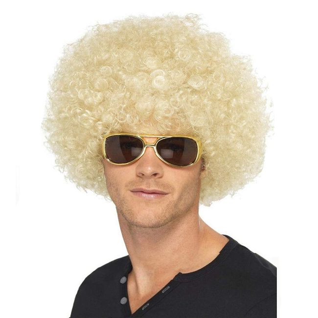 Baruisi Jumbo Disco Afro Wig Fluffy Synthetic 70s Hippie Costume Wig for Men,Blonde