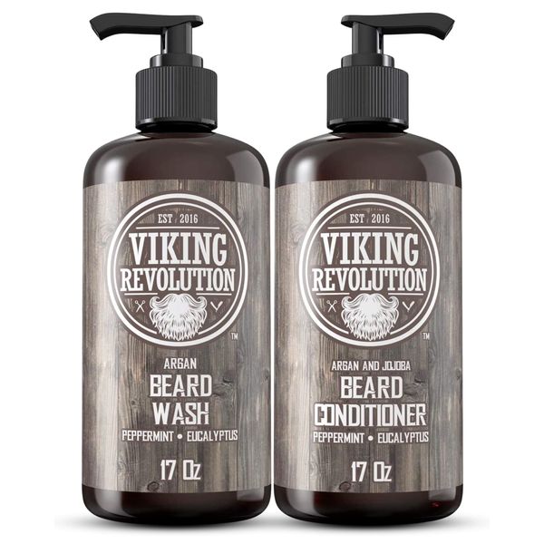 Viking Revolution Beard Wash & Beard Conditioner Set w/Argan & Jojoba Oils – Softens, Smooths & Strengthens Beard Growth - Natural Peppermint and Eucalyptus Scent - Beard Shampoo w/Beard Oil (17 oz)