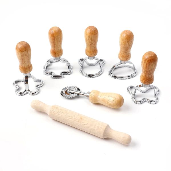 Ravioli Cutter Stamp Mold Set, 7 pcs, 4 inch, with cutter and wooden rolling pin (festival style)