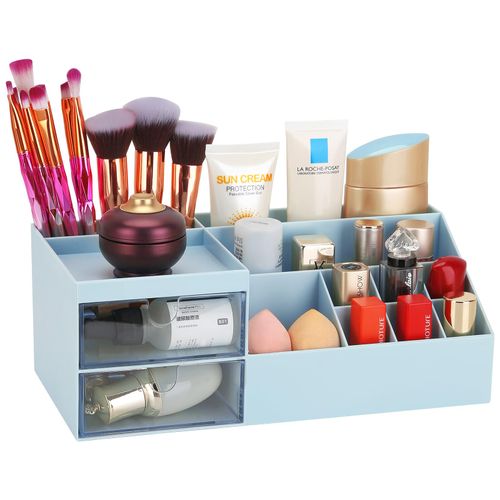 LETURE Desk Organizer, Cosmetic Makeup Vanity Organizer Box, Bathroom Counter Makeup Storage for Eyeshadows, Skin Care, Concealers, Powders, Nail Polish (Blue)