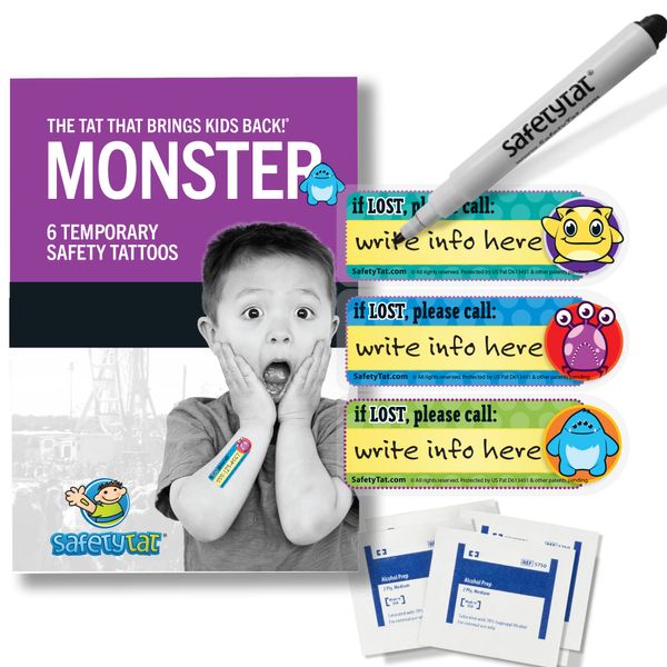 Monster 6pk SafetyTat Child ID Tattoos includes skin prep wipes and tattoo marking pen