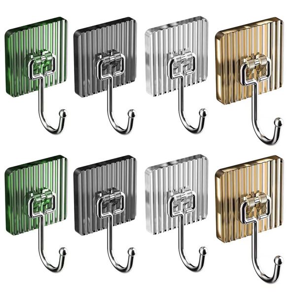 Getrays 8pcs Translucent Wall Hooks,Luxury Square Removable Hanging Adhesive Hooks,No Drilling Required Waterproof Coat Hooks Robe Hooks Towel Hanger for Bathroom Kitchen Entryway Room Storage Hooks