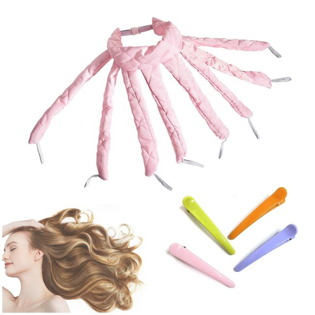 Heatless Curling Rod Stirnband, Pink, seidig, Lazy Wavy Hair Set DIY Hair Styling Tool für langes Haar (mit 4 Haarspangen)